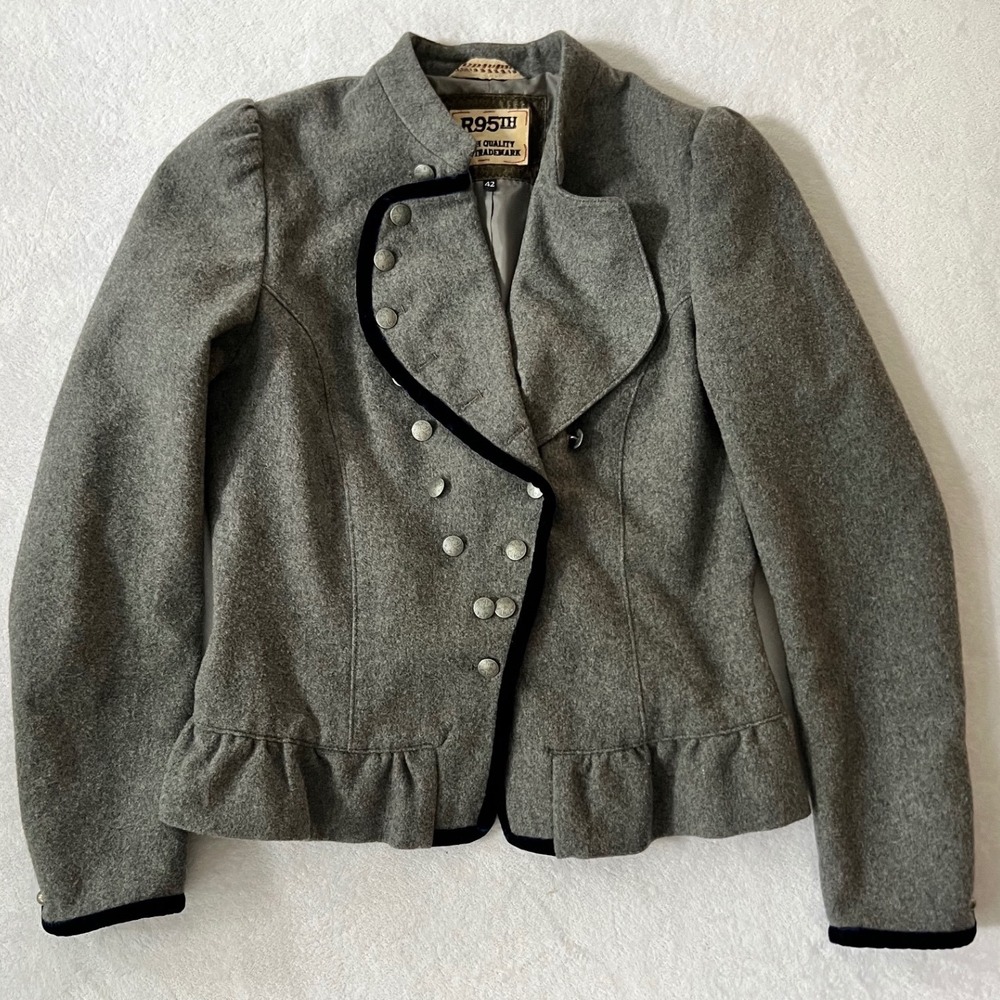 R95th Military Jacket Gray Wool Blend Velvet Trim Peplum Ruffle 42